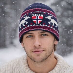 Norway Nordic Ski Beanie Hat Wool Blend Moose Fair Isle Winter OS